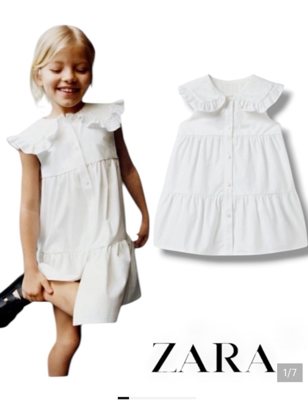 Zara White Tiered Cotton Dress with Ruffle Collar